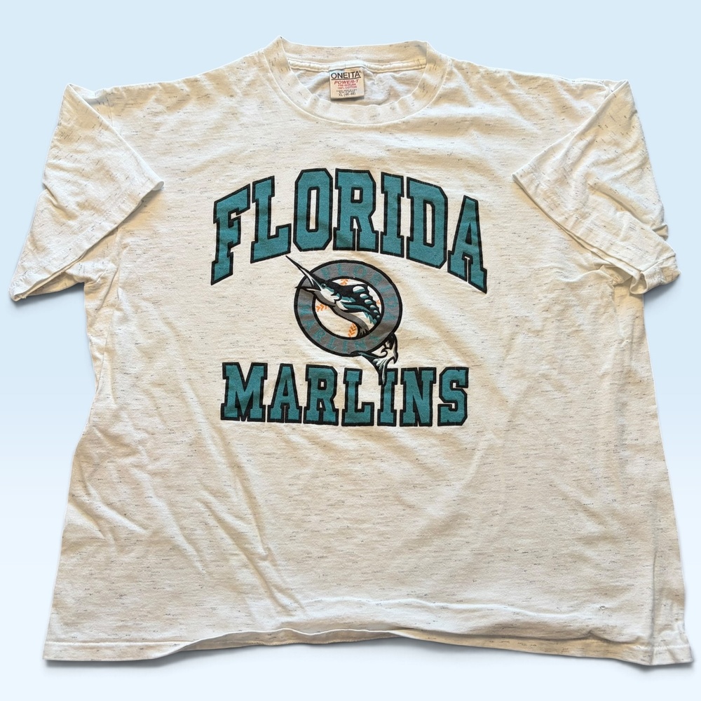 Vintage Florida Marlins Shirt Mens XL White MLB Baseball Oneita 90s Graphic Tee